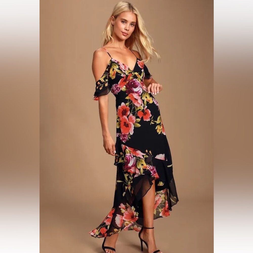 Lulus in love bloom floral hi low maxi dress black size XS